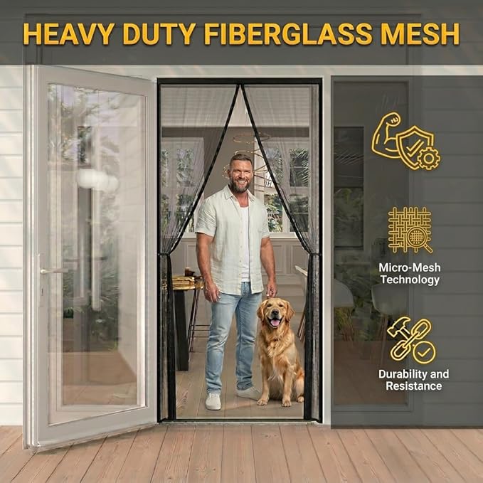AUGO Heavy Duty Magnetic Screen Door Mesh– Premium Reinforced Fiberglass Mesh, Pet & Kid Friendly, Tear Resistant Hands-Free Self Sealing Closure, Keep Open Feature – 38" x 97"