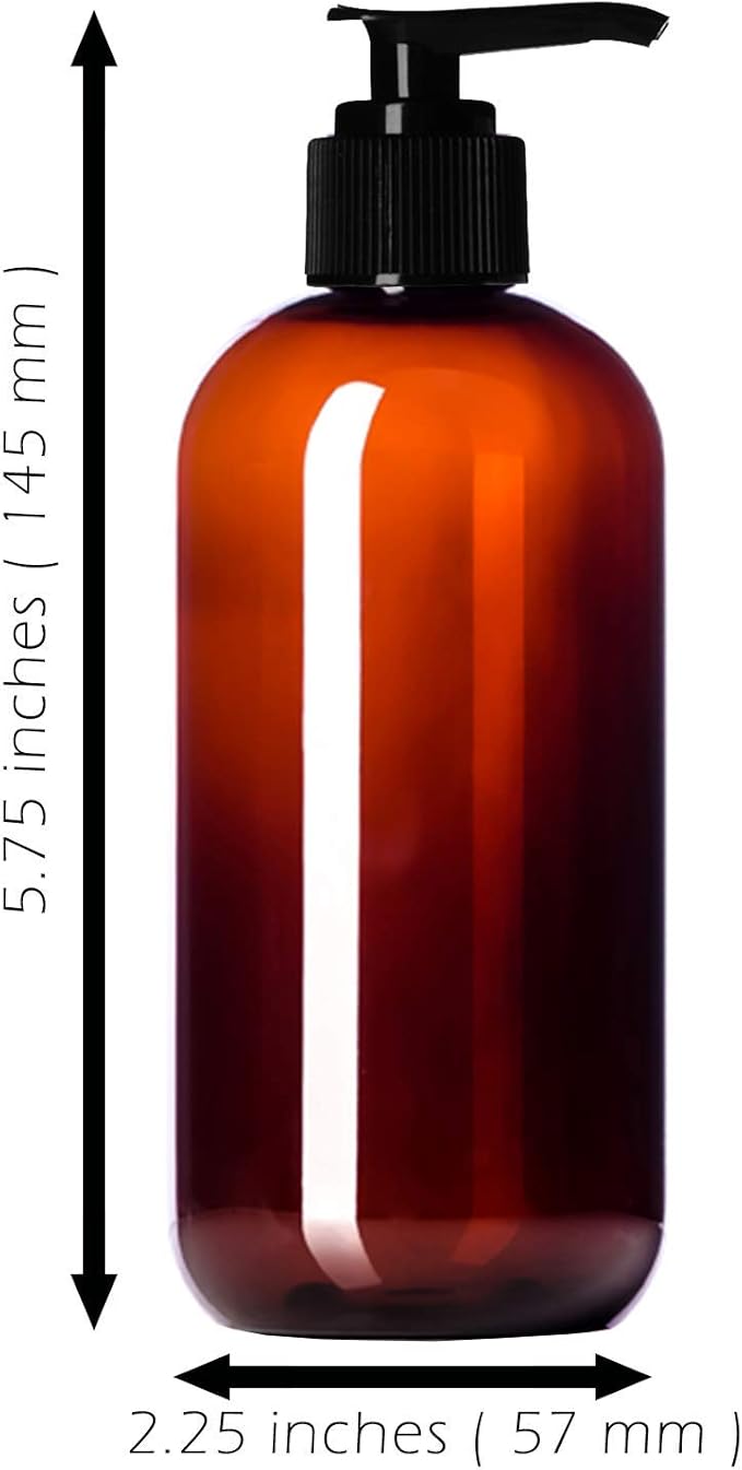 8oz Plastic Amber Bottles (6 Pack) BPA-Free Squeeze Containers with Pump Cap, Labels Included