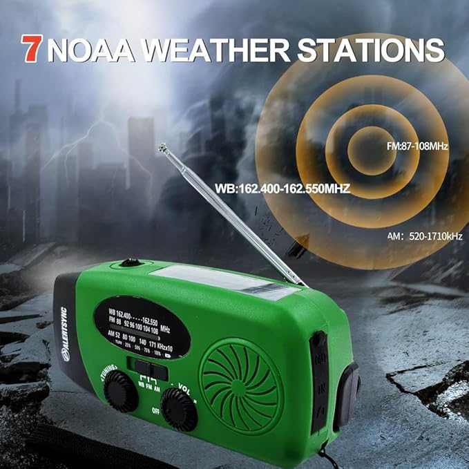 Solar Emergency Hand Crank Weather Radio, Portable Self Powered NOAA AM/FM Radios with SOS Alarm LED Flashlight 5000mAh Smart Phone USB Charger for Camping (Green)