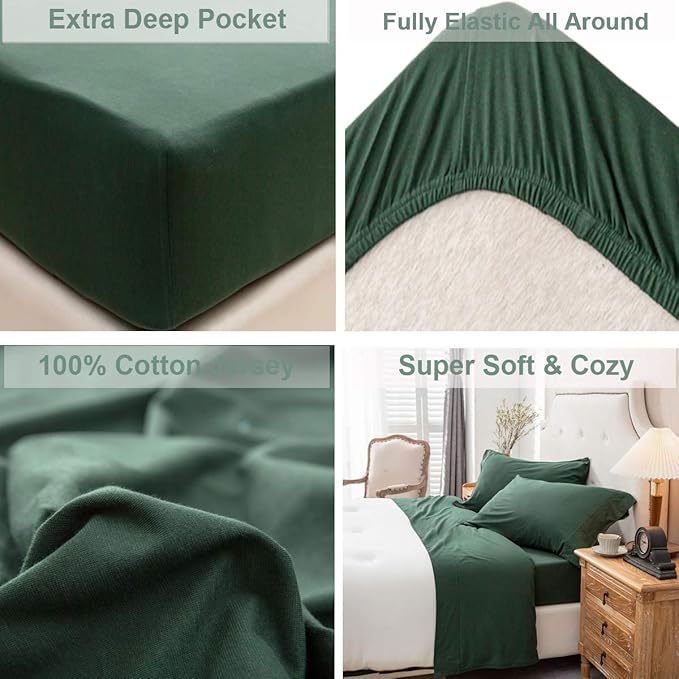 PURE ERA Jersey Knit 4pc Bed Sheet Set 100% T-Shirt Cotton Super Soft Comfy Breathable Fits Mattress Up to 20" Extra Deep Pocket (Solid Forest Green, Queen)
