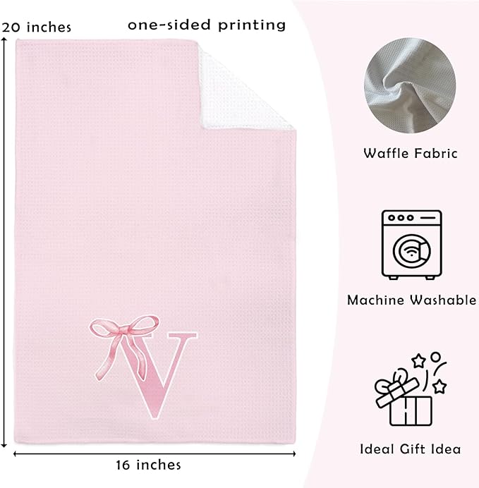 Monogrammed Initial V Hand Towels for Bathroom, Personalized Gifts for Women Girls Birthday Christmas, Coquette Preppy Pink Bows Waffle Kitchen Dish Tea Towels with Initial, 16x24 Inch