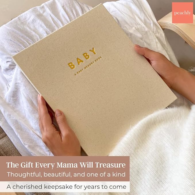 Peachly Unisex Baby Memory Book – Minimalist Baby First Year Keepsake for Milestones, Aesthetic Modern Scandi Baby Book – Gender Neutral, Linen Scrapbook (Charlie)