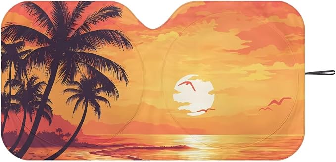 Tropical Sunset Windshield Sun Shade Foldable Car Sun Shade for Front Window Blocks UV Rays Heat Block Universal Fit for Car Window Sunshades Cover Suitable for Most Cars