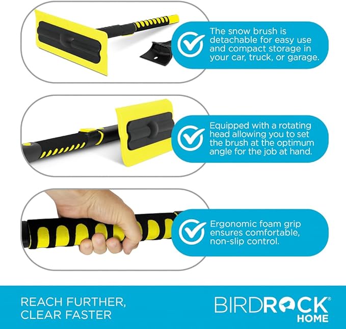 BIRDROCK HOME 55" Extendable Snow Brush & Ice Scraper for Car Windshield - Long Aluminum Grip for Truck, SUV - 14" Foam Head - Safe on Auto & Windows - Wide Frost Remover - Yellow