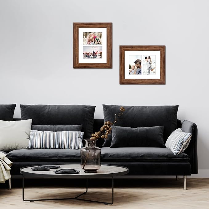8x10 Picture Frame Display Double 4X6 Picture Frame Collage,Multi Photo Frame with Mat,Plexiglass,Wall or Tabletop Decor,Carbonized Brown Wood Grain