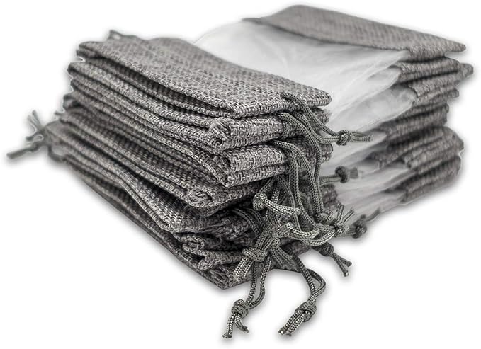 12-Pack Medium Linen Burlap & Organza Gift Bags w. Drawstrings (5x7 in, Gray) - Party Favors, Presents, Samples & Treats Mesh Pouch by The Display Guys
