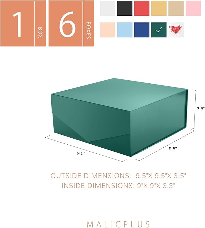 Gift Box with Lid 9x9x3.4 Inches, Green Groomsman Proposal Box with Magnetic Closure for Father's Day or All Occasion (Glossy Green)