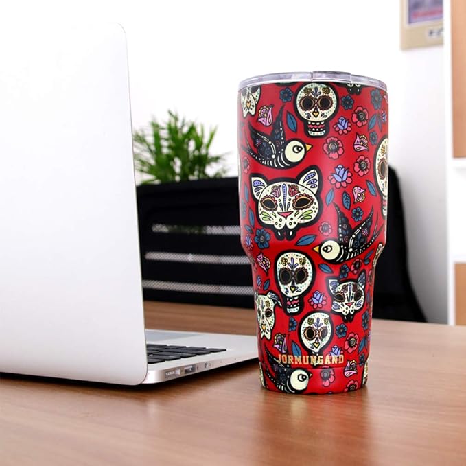 Jormungand 30 oz Tumbler with Handle and Straw Stainless Steel Vacuum Insulated Water Bottle Cup Holder Friendly Coffee Mug with Leak Proof Lid Gift for Women&Men Red Sugar Skull