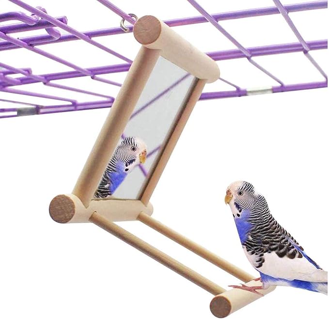 Bird Mirror Parakeet Mirror Perch Stand Wooden Swing Mirror Toy Cage Accessories for Cockatiel Parakeet Budgie Lovebird Small Parrots