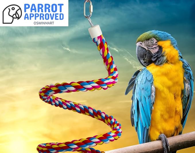 2PCSx 79inch(200cm) Bird Spiral Rope with Golden Bell Perches Birdcage Swing Toys 100% Cotton Natural Bird Perch Peck/Chewing Climbing Standing Bungee Parrot Toys for Regular to Large Size Parrot
