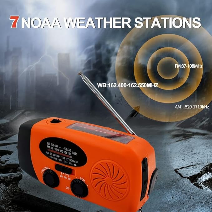 Solar Emergency Hand Crank Weather Radio, Portable Self Powered NOAA AM/FM Radios with SOS Alarm LED Flashlight 5000mAh Smart Phone USB Charger for Camping (Orange)