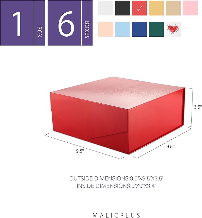 6 Gift Boxes with Lids 9x9x3.4 Inches, Red Bridesmaid Proposal Boxes with Magnetic Closure for All Occasion (Glossy Red)