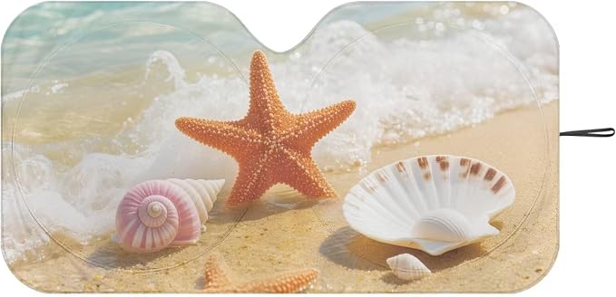 Beach Seashell Windshield Sun Shade Foldable Car Front Window Sunshade with Storage Bag Universal for Car Truck SUV Reflective Sun Visor Protect Car from Sun Rays & Heat Damage