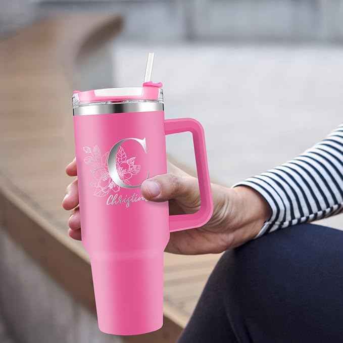 Personalized 40oz Tumbler with Handle Custom Insulated Stainless Steel Coffee Cups Travel Mug with Engraved Name and Straw Lid Customized Gifts for Women Men Dad Mom Father's Day