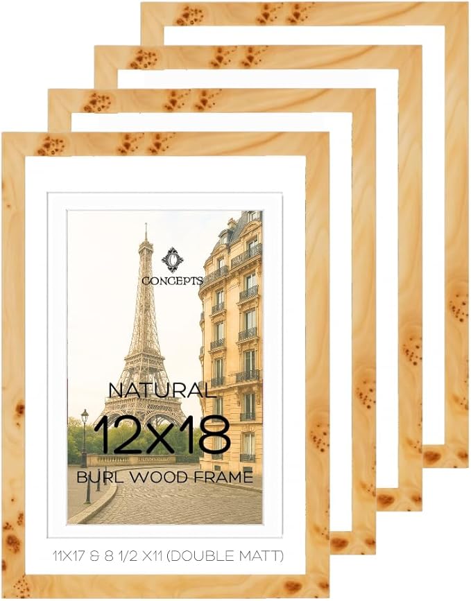 Concepts Set of 4 12X18 Burl Wood Picture Frames with Double Matted (11X17 & 8.5 X11), Natural Wood Finish, Eco-Friendly Packaging – Elegant Wallhung Decor for Family Photos