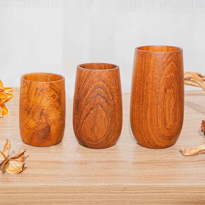 Rainforest Bowls Set of 4 Small Rounded Javanese Teak Wood Cup- 225ml (7.6 oz)- Great for Tea/Coffee/Milk, Hot & Cold Drinks- Ultra-Durable- Premium Wooden Cup Handcrafted by Indonesian Artisans