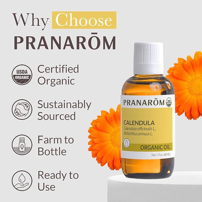 Pranarom - USDA Certified Organic French Calendula Virgin Plant Oil - 2 fl oz Glass Bottle - Gentle Soothing Oil for Sensitive Skin, Moisturizer