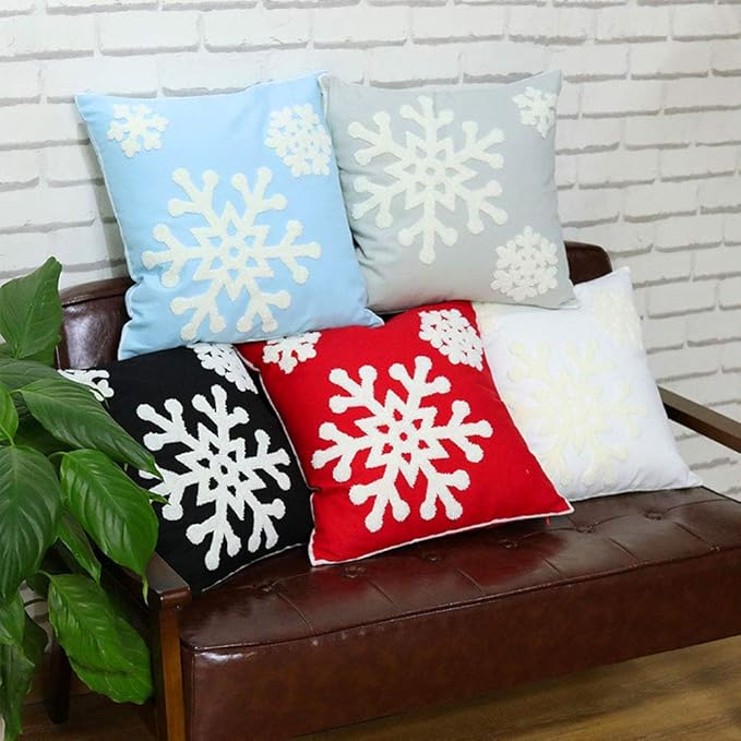 Elife 18x18 Soft Canvas Christmas Winter Snowflake Style Cotton Linen Embroidery Throw Pillows Covers w/Invisible Zipper for Bed Sofa Cushion Pillowcases for Kids Bedding (1 Pair, White)