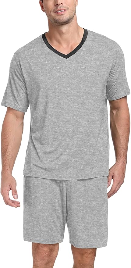 PrinStory Men's Pajama Set Sleepwear Pjs Lightweight Quick Dry Short Sleeve V-Neck Shirts and Shorts Soft Comfy Sleep Sets