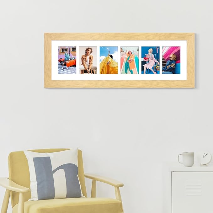 8x26 Picture Frame Display 6 opening 4X6 Picture Frame Collage,Multi Photo Frame with Mat,Plexiglass,Wall or Tabletop Decor,Natural Wood Grain