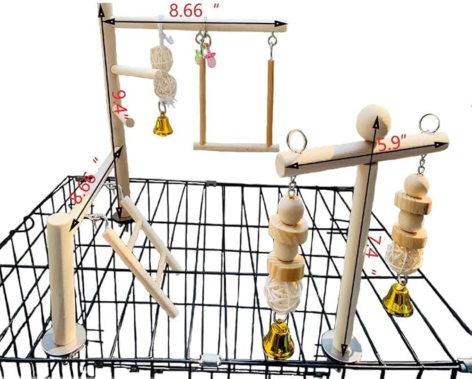 Hamiledyi Natural Wood Bird Play Gym for Small Birds, Parakeet Cockatiel Playstand with Perch, Ladder & Swing Toys for Cage Top(Style B)