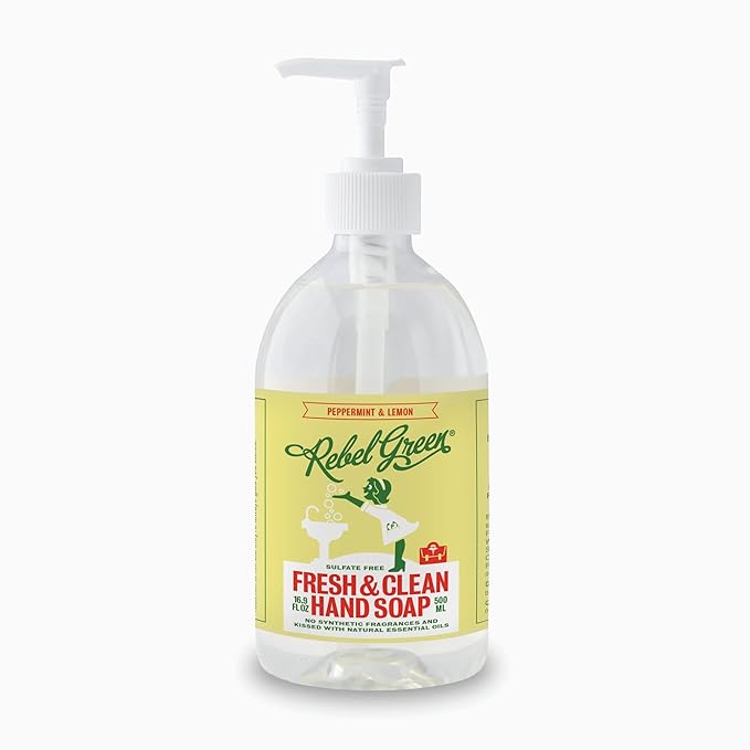 Rebel Green Liquid Hand Soap - Moisturizing Natural Bathroom & Kitchen Liquid Soap - Gentle Household Hand Wash (Peppermint and Lemon, 16.90 Fl Oz (Pack of 4))