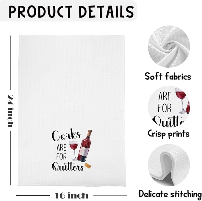 Funny Red Wine Kitchen Towels, Wine Lover Gifts Dish Tea Bar Towels for Kitchen Bar Cart Decor, Corks are for Quitters Decorative Hand Towels, 16x24 Inches