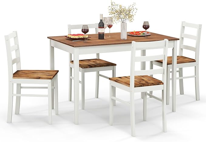 Tangkula Dining Table Set for 4, Solid Wood, Farmhouse Dinette Set w/Rubber Wood Legs, Mid-Century Modern, Compact Dining Table and Chairs Set for Kitchen, Dining Room (Brown+White)