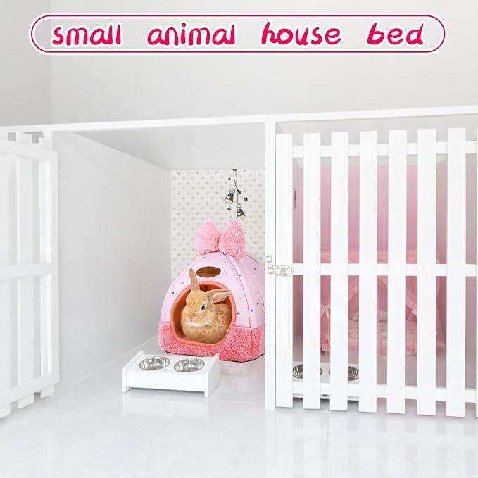 Bunny Bed Hideouts House Ferrets Rats Hedgehogs Chinchilla Cage Accessory for Rabbit Guinea Pig Hamster Cozy and Warm Rabbit Bed with Cute Bowknot Rabbits Hamster Bunny (Pink)