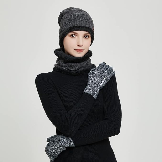 MAYLISACC Winter Knit Beanie Hat Neck Warmer Scarf and Touch Screen Gloves Set 3 Pcs Fleece Lined Skull Cap for Men Women