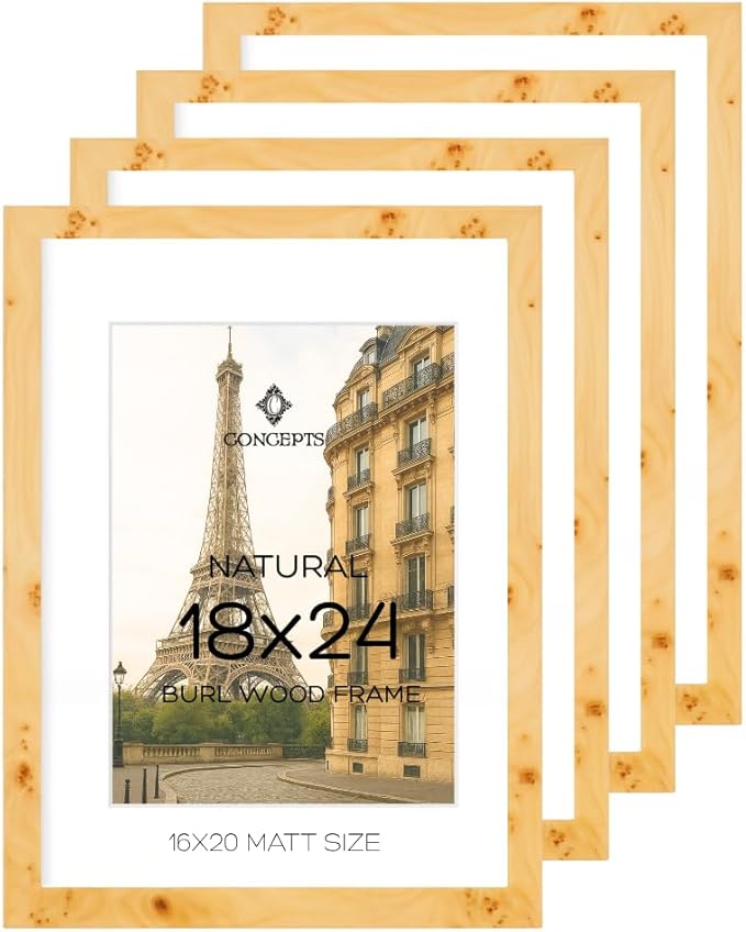 Concepts Set of 4 18X24 Burl Wood Picture Frames with Matt (16X20), Natural Wood Finish, Eco-Friendly Packaging – Elegant Wallhung Decor for Family Photos