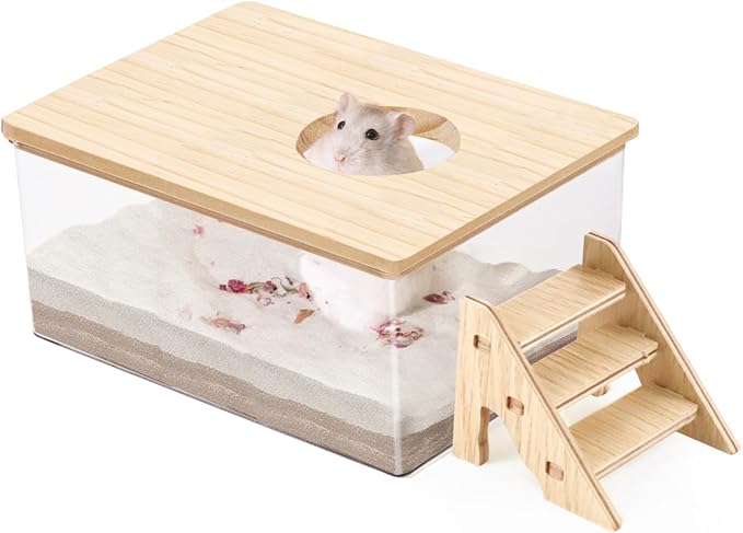 Hamster Sand Bath, Pentagon Hamster Sand Bath Container with Climbing Ladder, Large Acrylic Hamster Dig Box with Wood Cover, Sand Bath for Hamsters Small Animals (Rectangle)