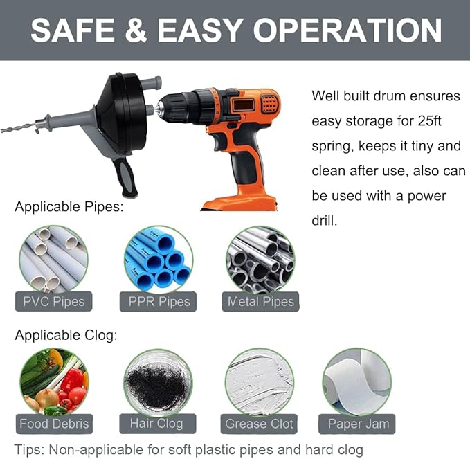 Drain Auger, Clog Remover with Drill Adapter, 25 Feet Flexible Plumbing Snake Use Manually or Powered for Kitchen,Bathrom and Shower Sink, Comes with Gloves(Gray)