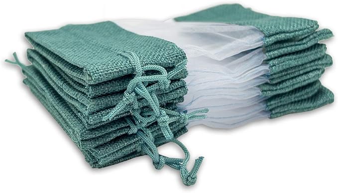 TheDisplayGuys For Your Modern Living 12-Pack Large Linen Burlap & Organza Gift Bags w. Drawstrings (6.5x8.5 in, Teal) - Party Favors, Presents, Samples & Treats Mesh Pouch by The Display Guys