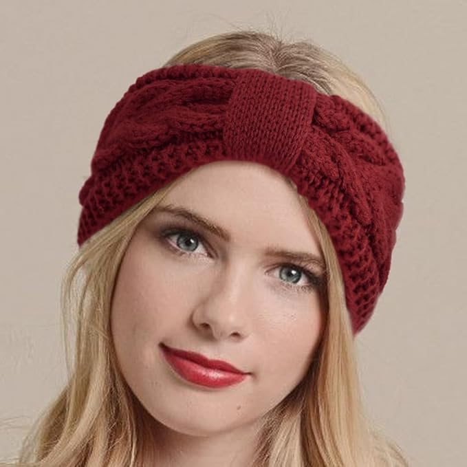 AQOKKA Knit Winter Headbands for Women Fuzzy Wool Fleece Lined Ear Warmers Elastic Turban Crocheted Head Wrap Winter Accessories for Women Cold Weather