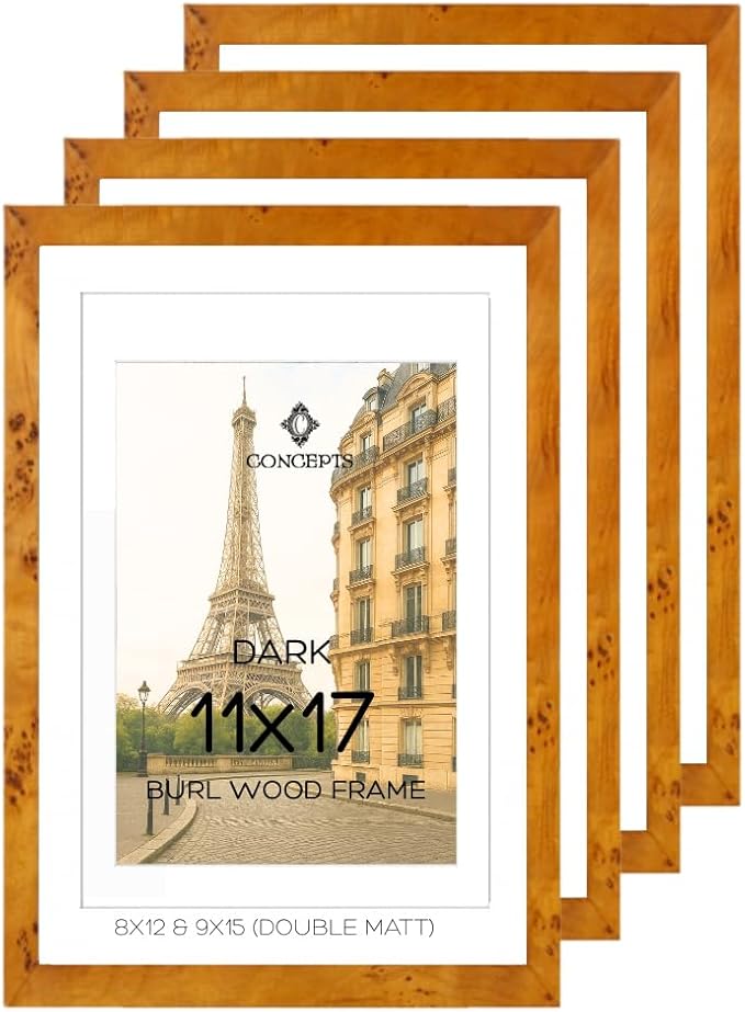 Concepts Set of 4 11x17 Burl Wood Picture Frames with Double Matted (8X12/9X15), Dark Wood Finish, Eco-Friendly Packaging – Elegant Wallhung Decor for Family Photos