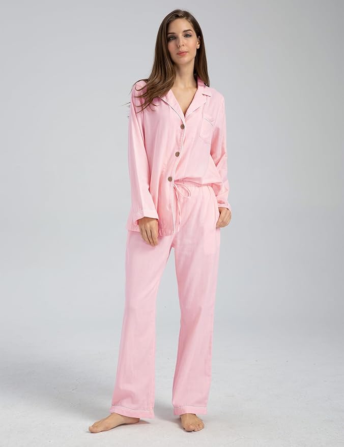 Womens Pajama Sets 100% Double Gauze Cotton Linen Like Muslin Pajamas Long Sleeve Button Down Sleepwear Soft Pjs Lounge Set