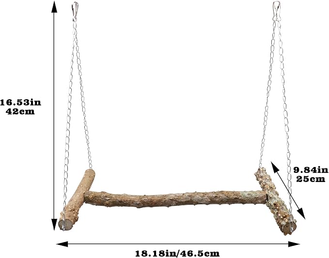 Large Bird Perch Swing Toy, Natural Pepper Wood Parrot Perch Stand Toy, Hangable Birdcage Accessories with Stainless Steel, Bird Chewing Toy for Parrot Parakeet Budgies Lovebirds(18×10 Inches(L×W))
