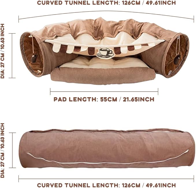 EAEDMY Cat Rabbit Tunnel Bed Nest for Cats Indoor, with Collapsible Washable Soft Cushion, Plush Ball and Exercise Wheel Tube, Fit for Puppy Bunny Kitty Kitten Ferret(2.Coffee)