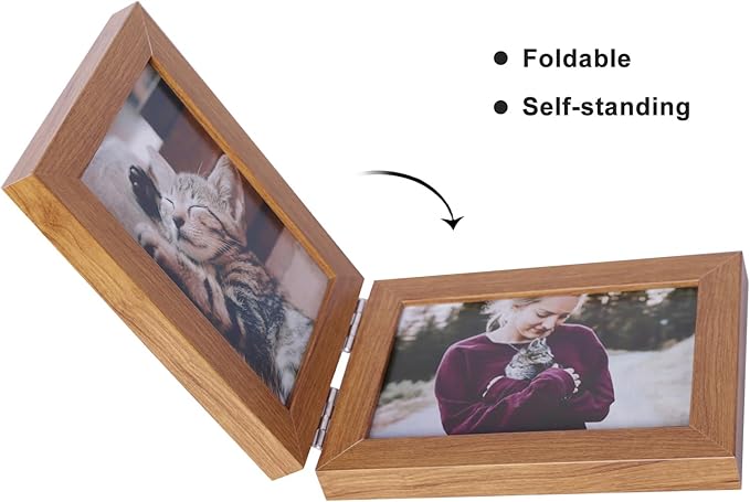 Double Horizontal 4X6 Hinged PS Family Picture Frame Collage For Desktop or Tabletop (Wood Grain 64X2)