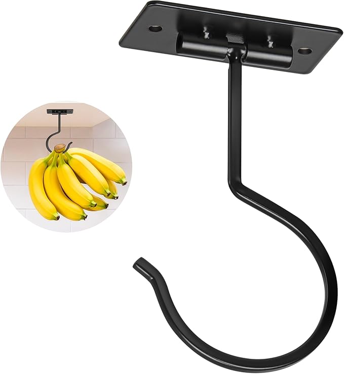 Self Adhesive Banana Hook Under Cabinet Foldable Banana Hanger Black Metal Under Counter Banana Hook to Keep Bananas Fresh Banana Holder for Kitchen RV Space Saving