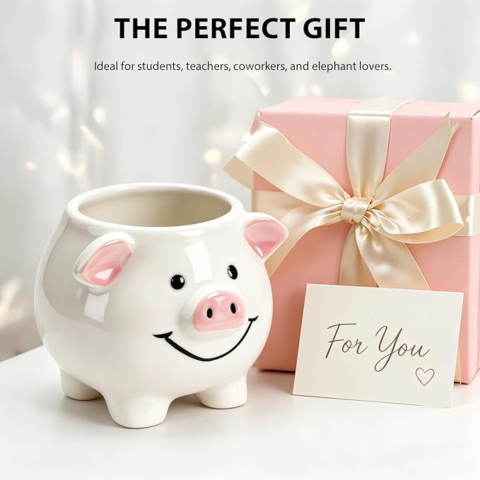 Ceramic Pig Shaped Pen Pencil Holder for Desk Decoration Accessories Pig Decor Makeup Brush Pen Cups Succulent Plant Pot Office School Ideal Gifts for Women, Mom or Birthdays
