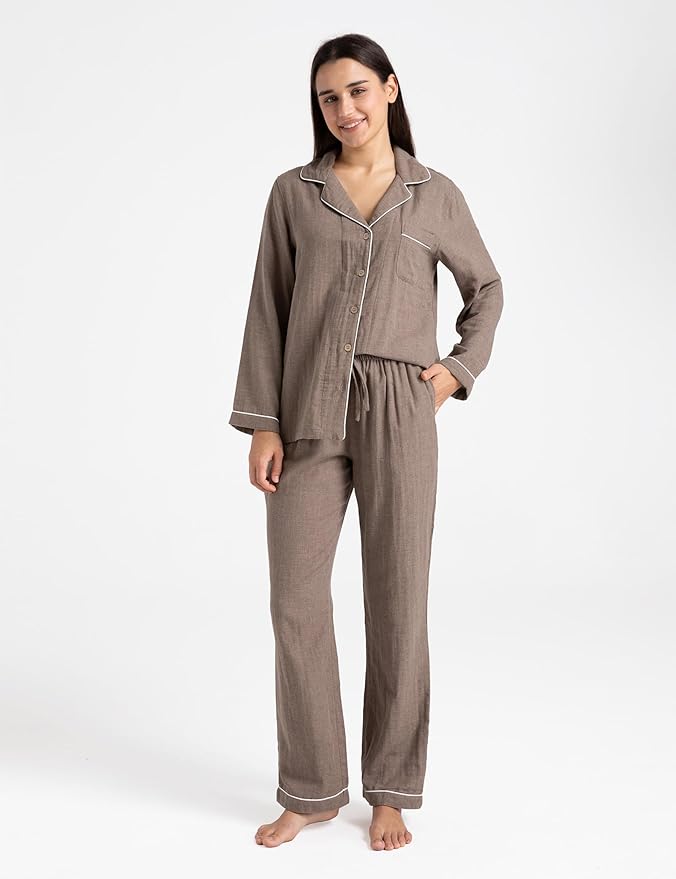 Womens Pajama Sets 100% Double Gauze Cotton Linen Like Muslin Pajamas Long Sleeve Button Down Sleepwear Soft Pjs Lounge Set