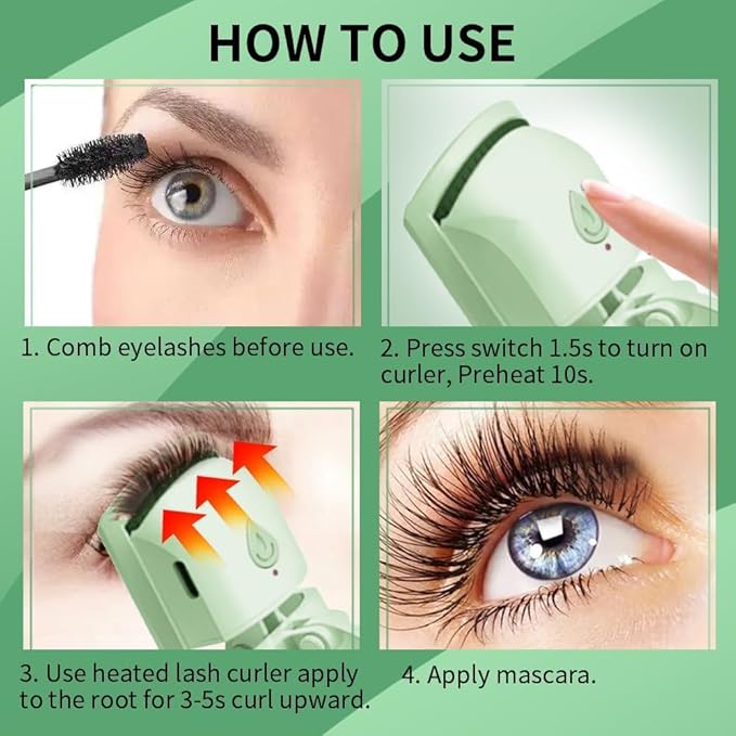 Heated Eyelash Curler, Fast 5s Heat up, 24 Hours Long Lasting, Rechargeable Electric Lash Curler, Temperature Control, Safe Anti-Burn Eye Lash Curler, Quick Natural Curling Lashes (Green)