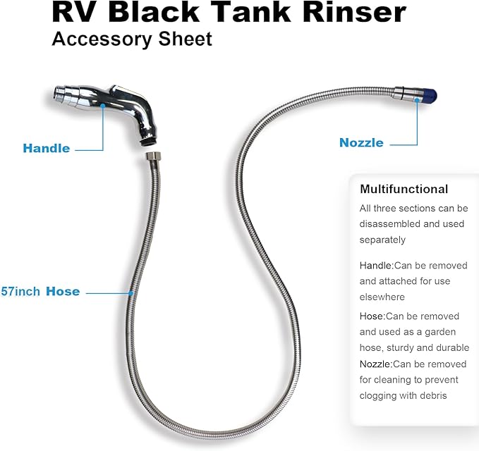COOSPIDER RV Black Tank Flexible Swivel Stick Rinser 57 Inch, Stainless Steel Camping Toilet 360Β° Powerful Rotary Cleaning Hose with 1 Inch to 3/4 Inch Connector, for Black Sewer Holding Tank