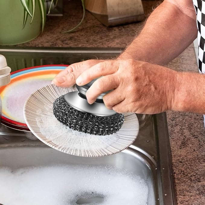 2026 New Steel Wool Scrubber, Stainless Steel Dish Scrubber with Handle for Cleaning Dishes, Iron Pots, Stoves, Wash Sink (1 pcs)