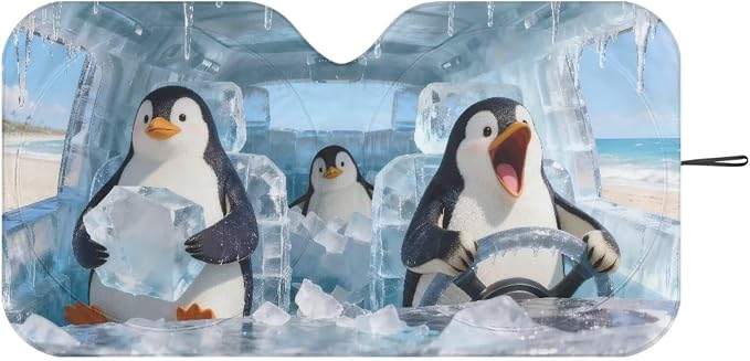 Cute Penguins Car Windshield Sun Shade Fit Front Window Foldable Funny Automotive Interior Accessories for Protection Auto Sun Heat and UV Rays Blocker Universal