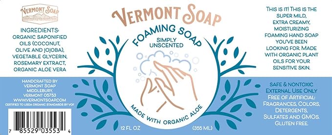 VERMONT SOAP Organic Unscented Foaming Hand Soap - Natural Moisturizing Soap for Dry Skin - Fragrance Free Liquid Bathroom Hand Soap Dispenser - Simply Unscented - 12 oz