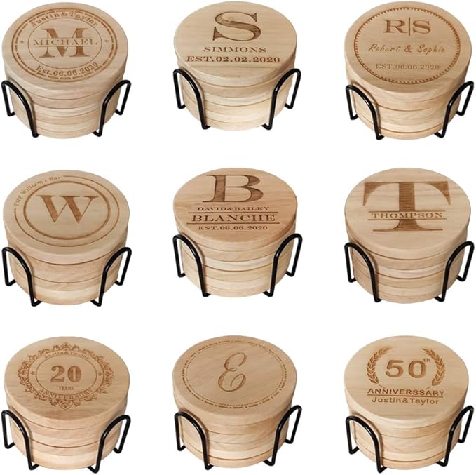 Personalized Wooden Coasters for Drinks - Custom Engraved, Monogram, Great Gifts for Relatives, Friends or Yourself (E, Set of 6)