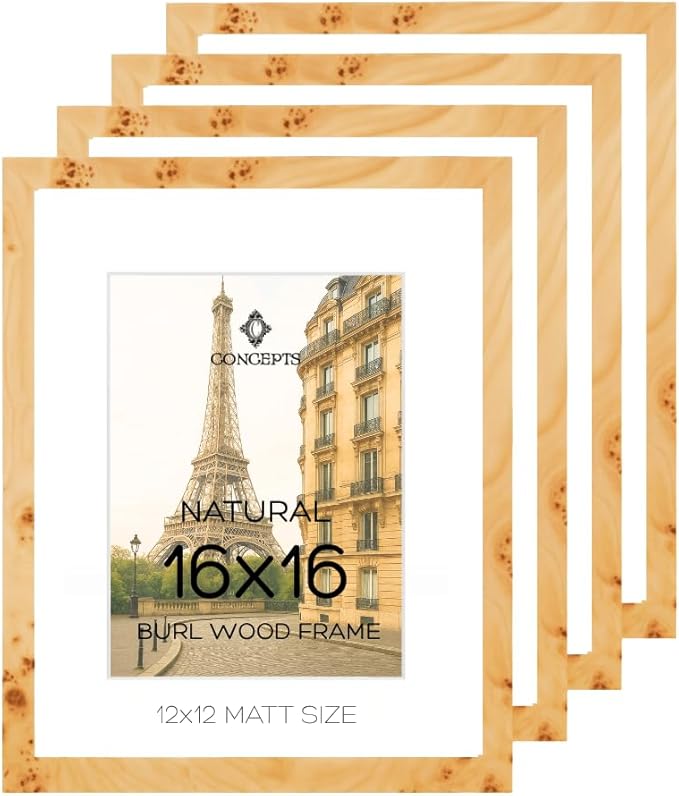 Concepts Set of 4 16X16 Burl Wood Picture Frames with Matt (12X12), Natural Wood Finish, Eco-Friendly Packaging – Elegant Wallhung Decor for Family Photos